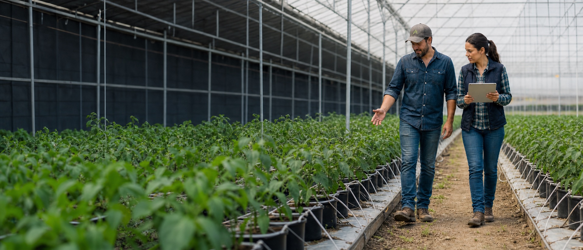 Grower and workforce coordinator walking through a commercial greenhouse