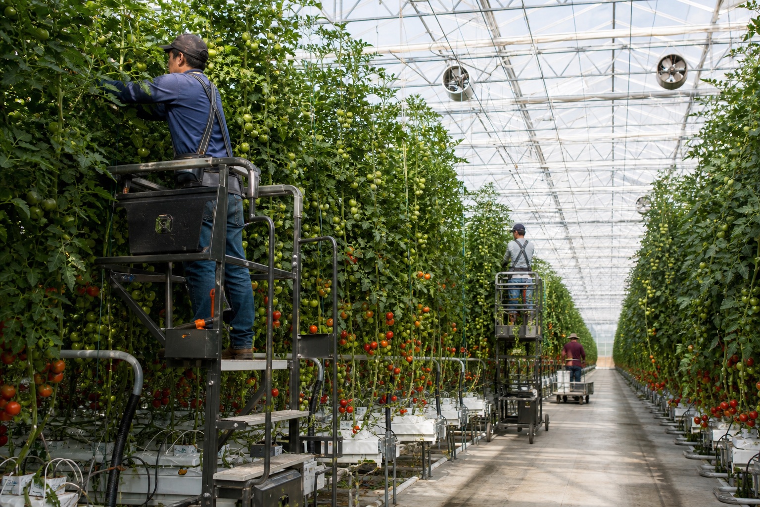 Workers caring for high-wire tomatoes inside a controlled-environment greenhouse