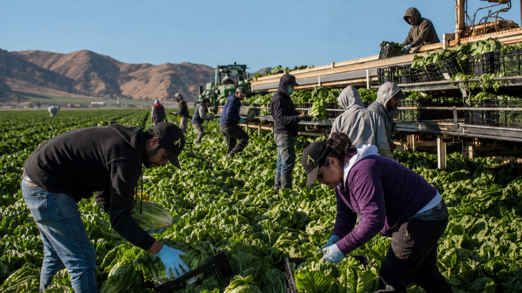 Agricultural crew harvesting and packing produce in commercial crop rows