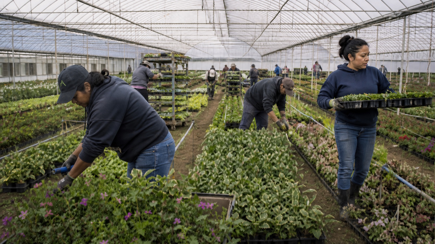 Greenhouse labor crew tending plants and moving nursery trays