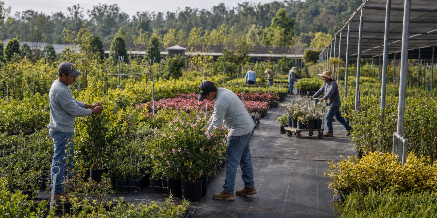 Commercial nursery crew caring for rows of container plants