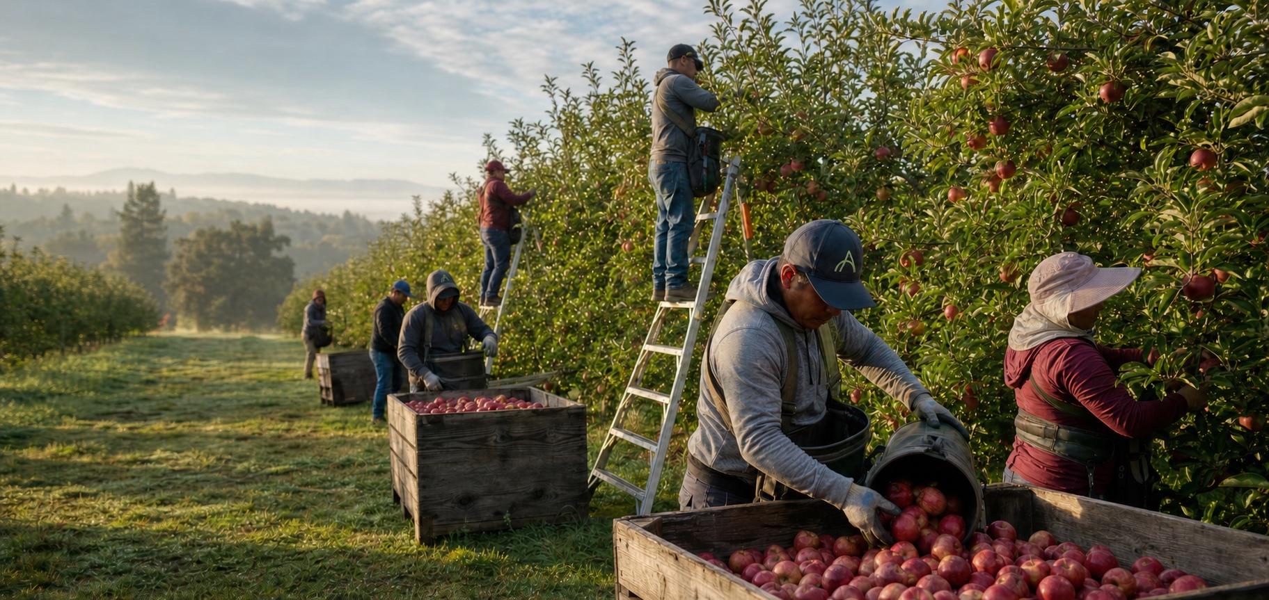 Agricultural crew harvesting apples in a commercial orchard